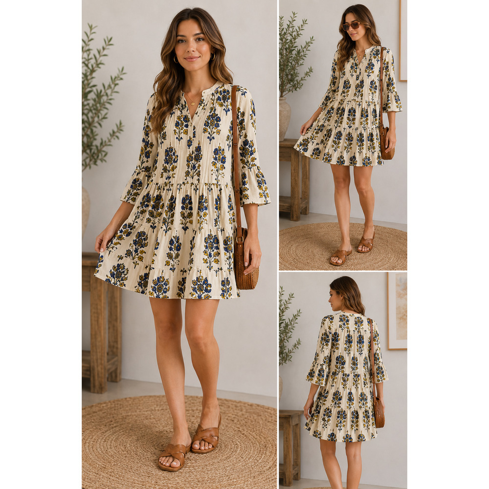 Handprint Dream Apparel Boho Tiered Mini Dress Sz L Flora Peasant Cottagecore